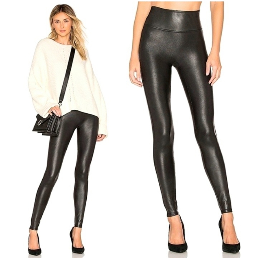 SPANX Black Faux Leather Leggings Size Small Petite NWT